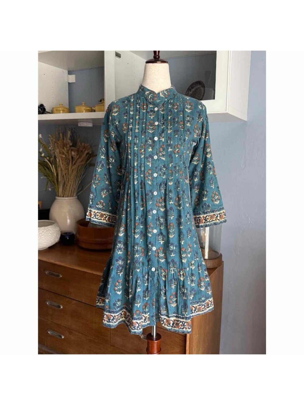 Victoria Dunn Naomi Dress in Wedgewood Floral Button-Front Pintuck Pleats